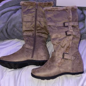 Wanted Size 7 Calf-high Taupe Weaver Zip-up Boot